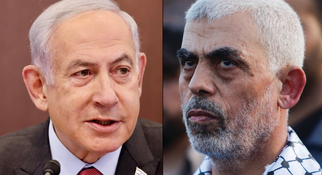  (Van links) Premier Benjamin Netanyahu;  Hamas-leider Yahya Sinwar (fotobron: REUTERS)